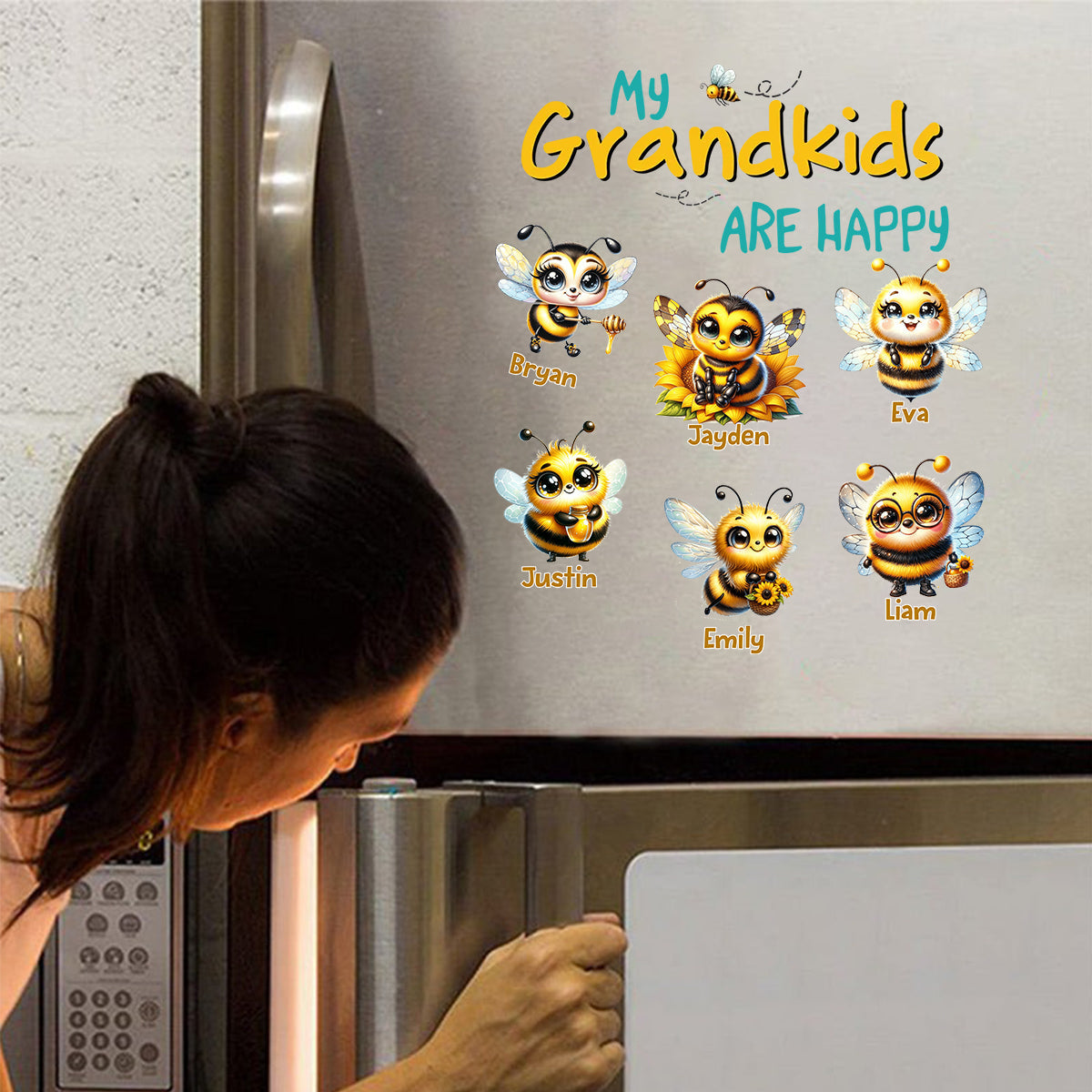 Personalized "My Grandkids Are Happy" Bee Sticker - Custom Grandchildren Names Honeybee Decal for Refrigerator, Kitchen Decor - Unique Gift for Grandparents