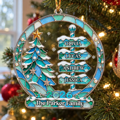 Personalized Family Christmas Tree Acrylic Ornament - Custom Names Winter Signpost Holiday Keepsake
