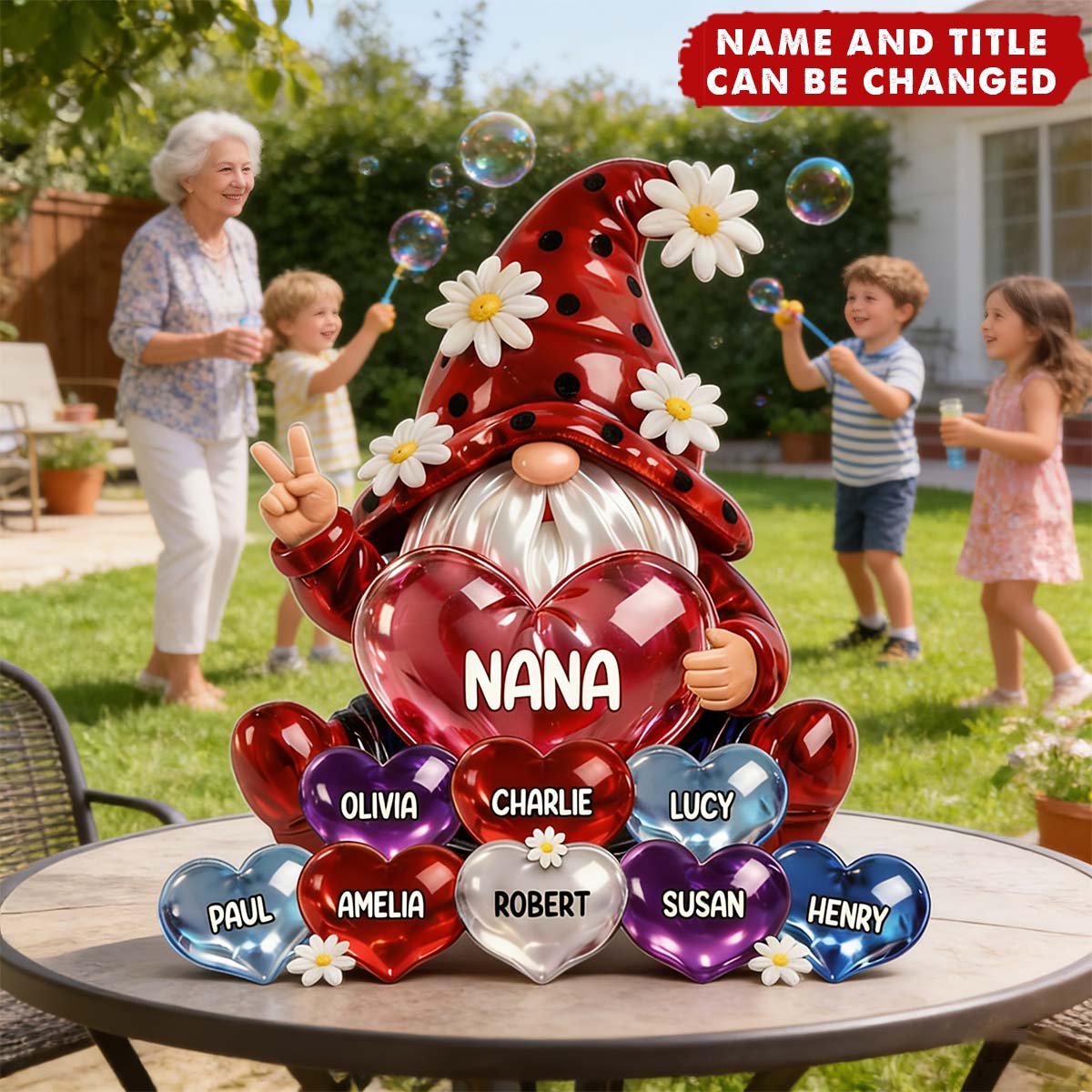 Grandma Gnome with Grandkids Names - Personalized Acrylic Block Plaque