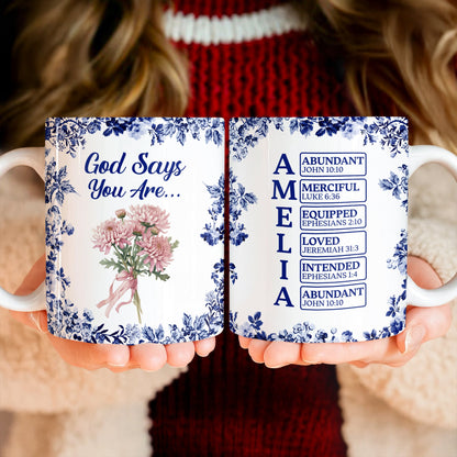 Personalized “God Says I Am” Mug - Custom Name Toile De Jouy Style