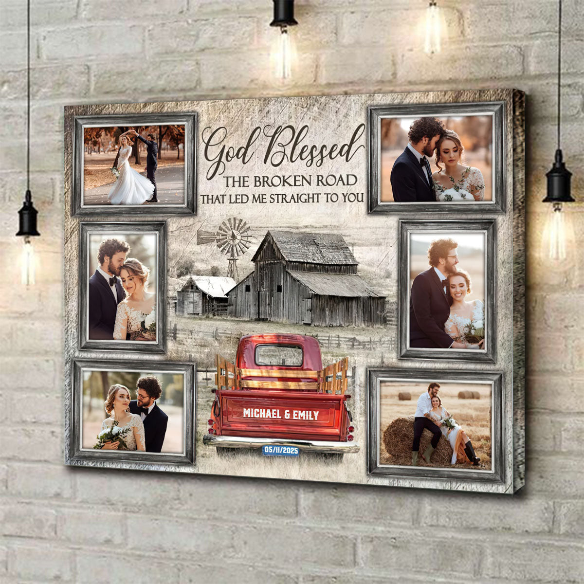God Blessed Farmhouse Bar and Truck - Personalized Photo Collage Wall Art Canvas / Poster