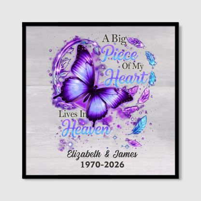 A Big Piece Of My Heart Lives In Heaven - Personalized Butterfly Memorial Square Canvas