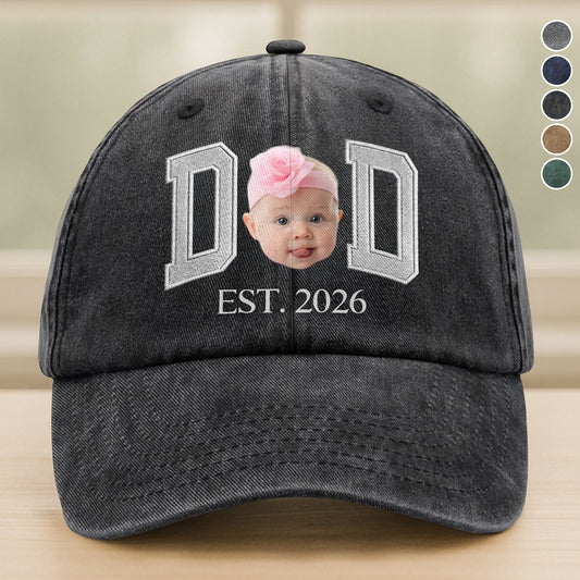 Custom photo face dad est washed denim baseball cap with baby picture and establishment year print