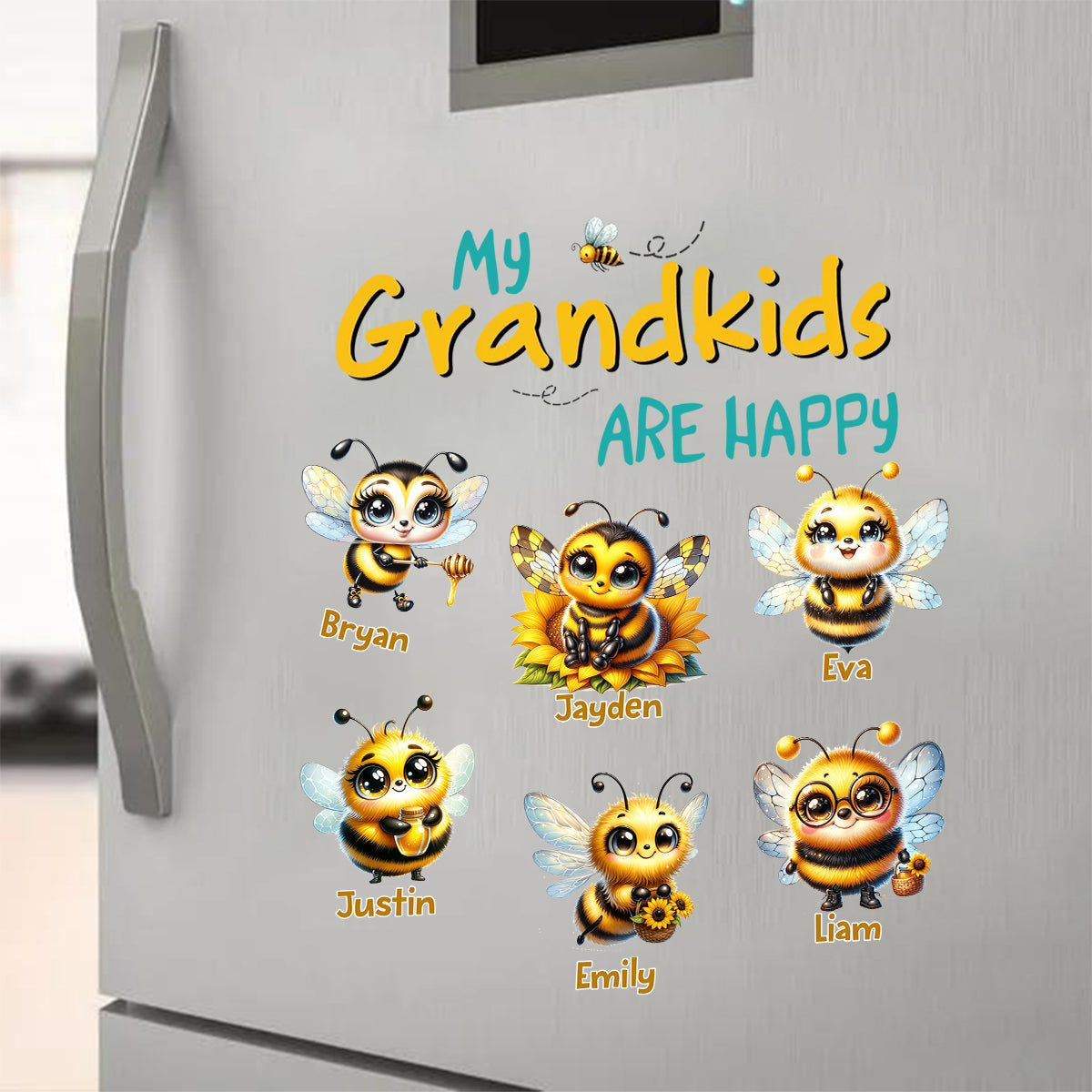 Personalized "My Grandkids Are Happy" Bee Sticker - Custom Grandchildren Names Honeybee Decal for Refrigerator, Kitchen Decor - Unique Gift for Grandparents