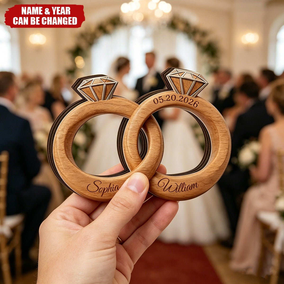 Plaque material and size view - Custom Couple Wedding Ring Wooden Sign