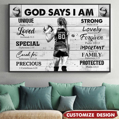 “God Says I Am” Personalized Volleyball Poster / Canvas - Custom Gift for Girls & Volleyball Lovers