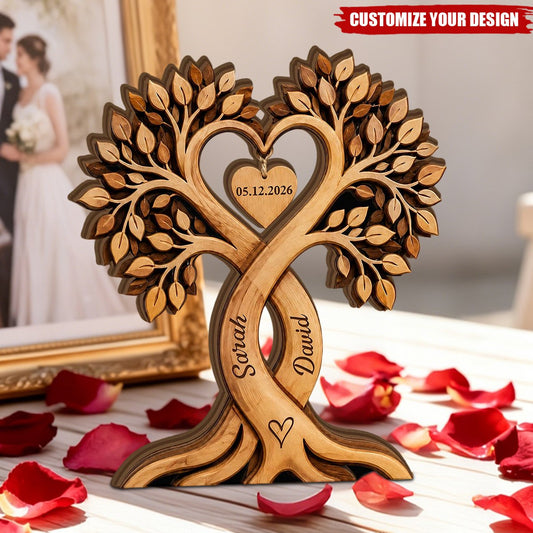 Custom name tree wooden block plaque featuring engraved couple names and wedding anniversary date