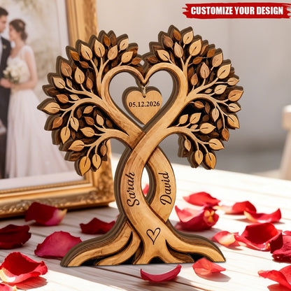 Custom name tree wooden block plaque featuring engraved couple names and wedding anniversary date