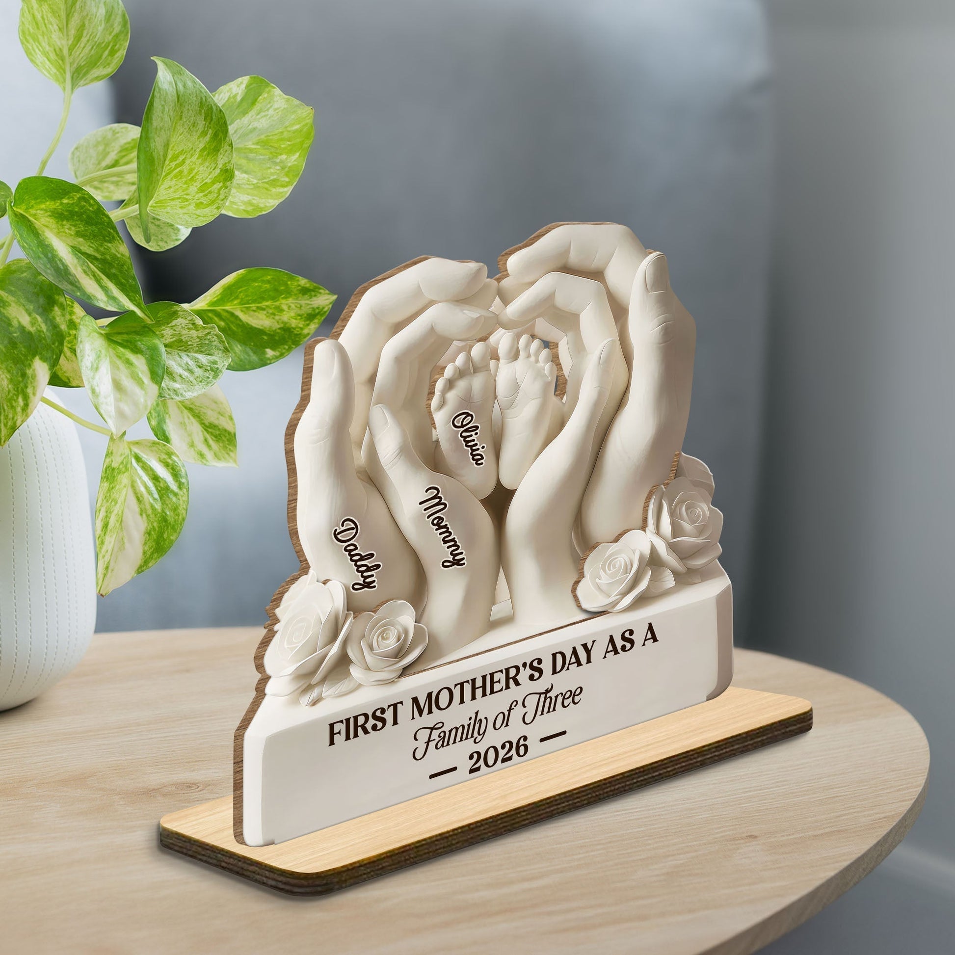 First Mother's Day As A Family Of Three - Personalized Custom 2-Layer Wood Plaque