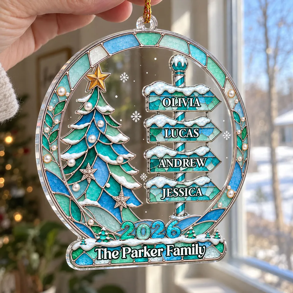 Personalized Family Christmas Tree Acrylic Ornament - Custom Names Winter Signpost Holiday Keepsake