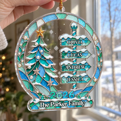 Personalized Family Christmas Tree Acrylic Ornament - Custom Names Winter Signpost Holiday Keepsake