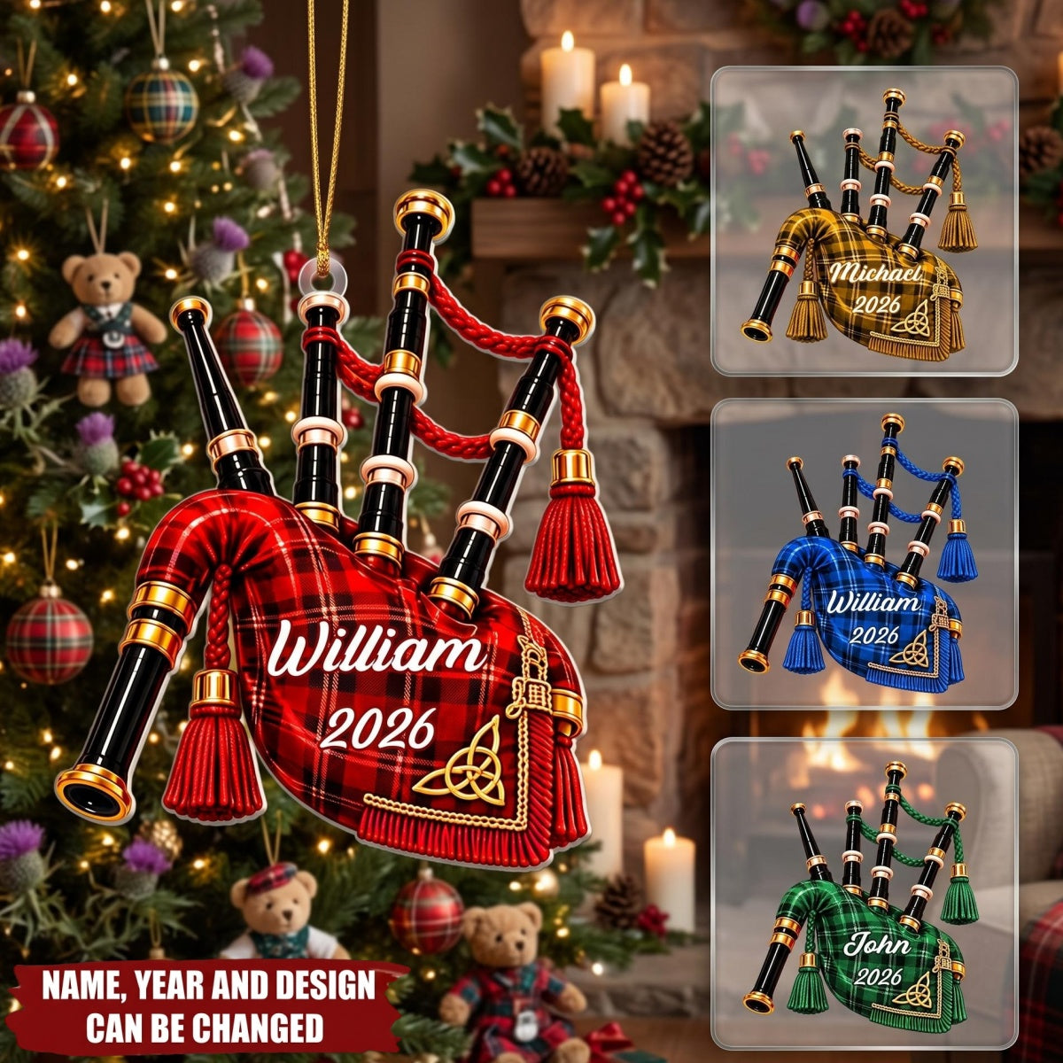 Scottish Heritage Tartan Bagpipe Personalized Acrylic Ornament - Musician Christmas Gift