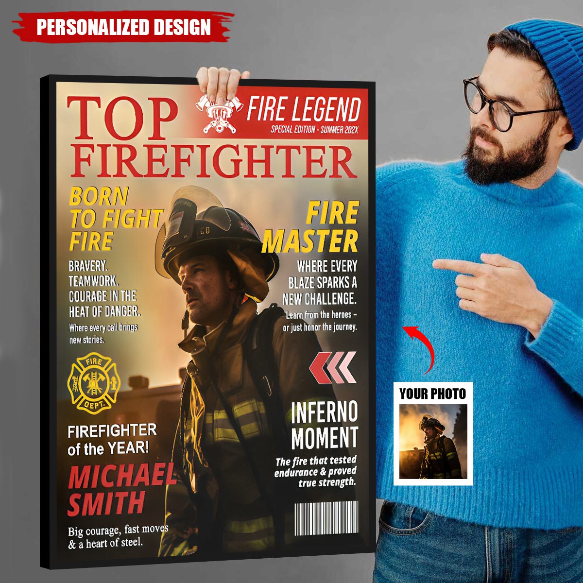 Personalized Firefighter Magazine Cover Poster / Canvas