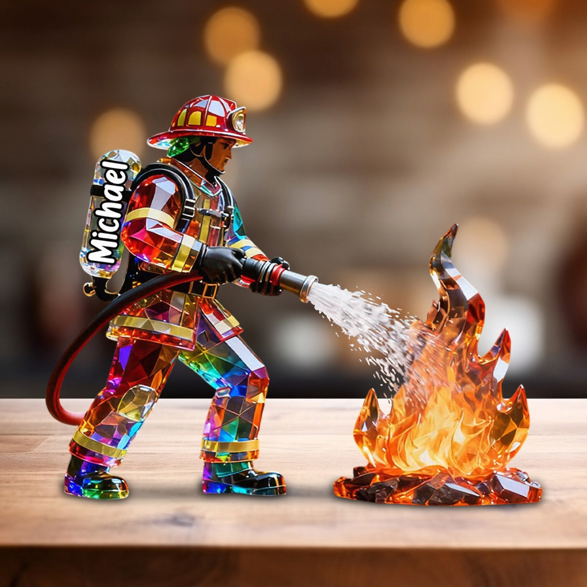 Personalized firefighter gift acrylic plaque featuring a stained glass crystal effect figure spraying water on fire