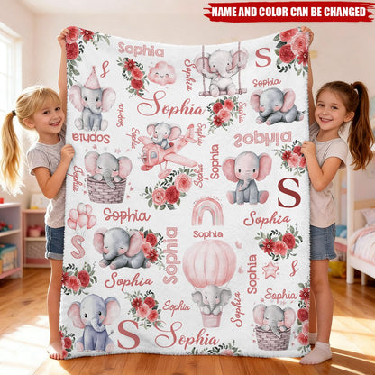 Cute Pink Elephant Illustrations - Personalized Custom Baby Name Blanket
