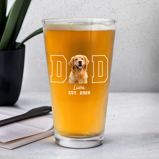 Custom Dog Dad Beer Glass for Dad with personalized design details for meaningful gifting
