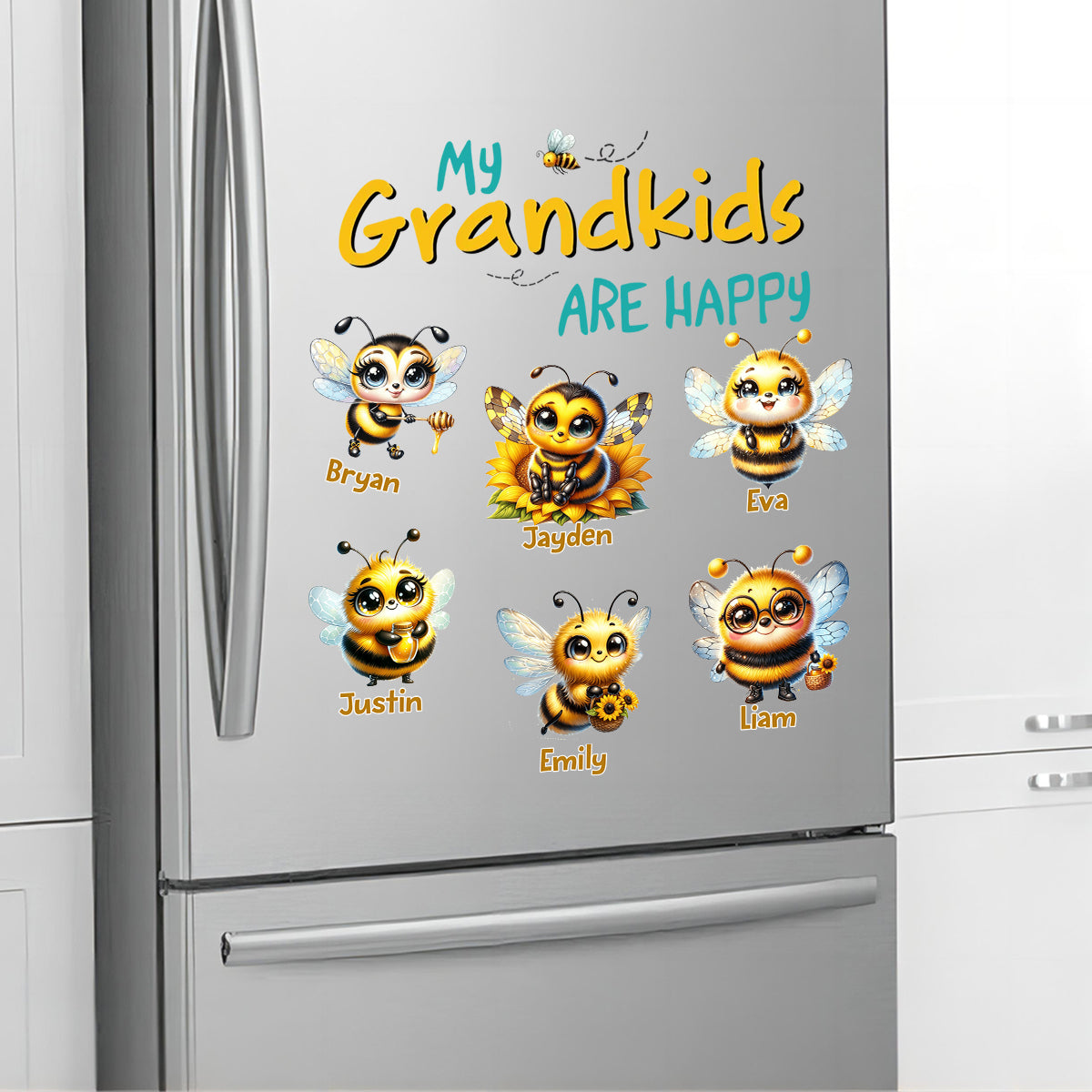 Personalized "My Grandkids Are Happy" Bee Sticker - Custom Grandchildren Names Honeybee Decal for Refrigerator, Kitchen Decor - Unique Gift for Grandparents
