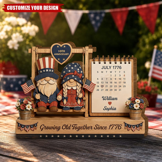 Personalized anniversary gift custom couple wood sign with patriotic gnomes and calendar design
