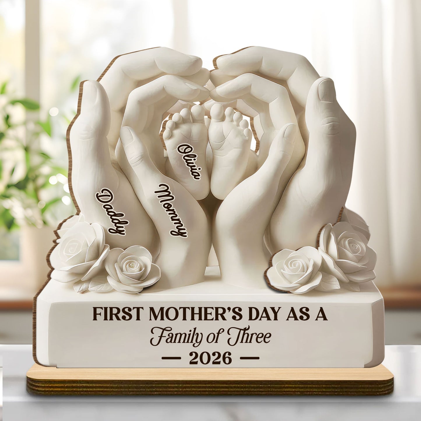 First Mother's Day As A Family Of Three - Personalized Custom 2-Layer Wood Plaque