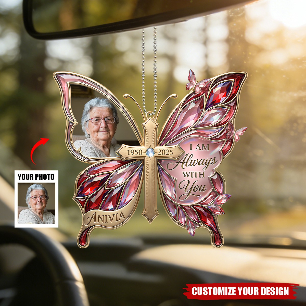 Custom Photo “Loving Memory” Butterfly Car Ornament - Personalized Memorial Gift
