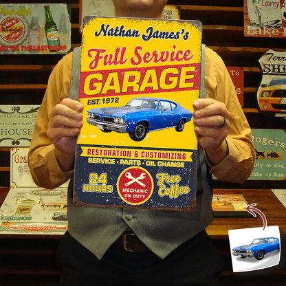 Custom Car Photo Full Service Garage Sign - Personalized Garage Metal Sign