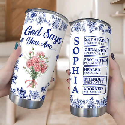 Personalized “God Says I Am” Tumbler - Custom Name Toile De Jouy Style
