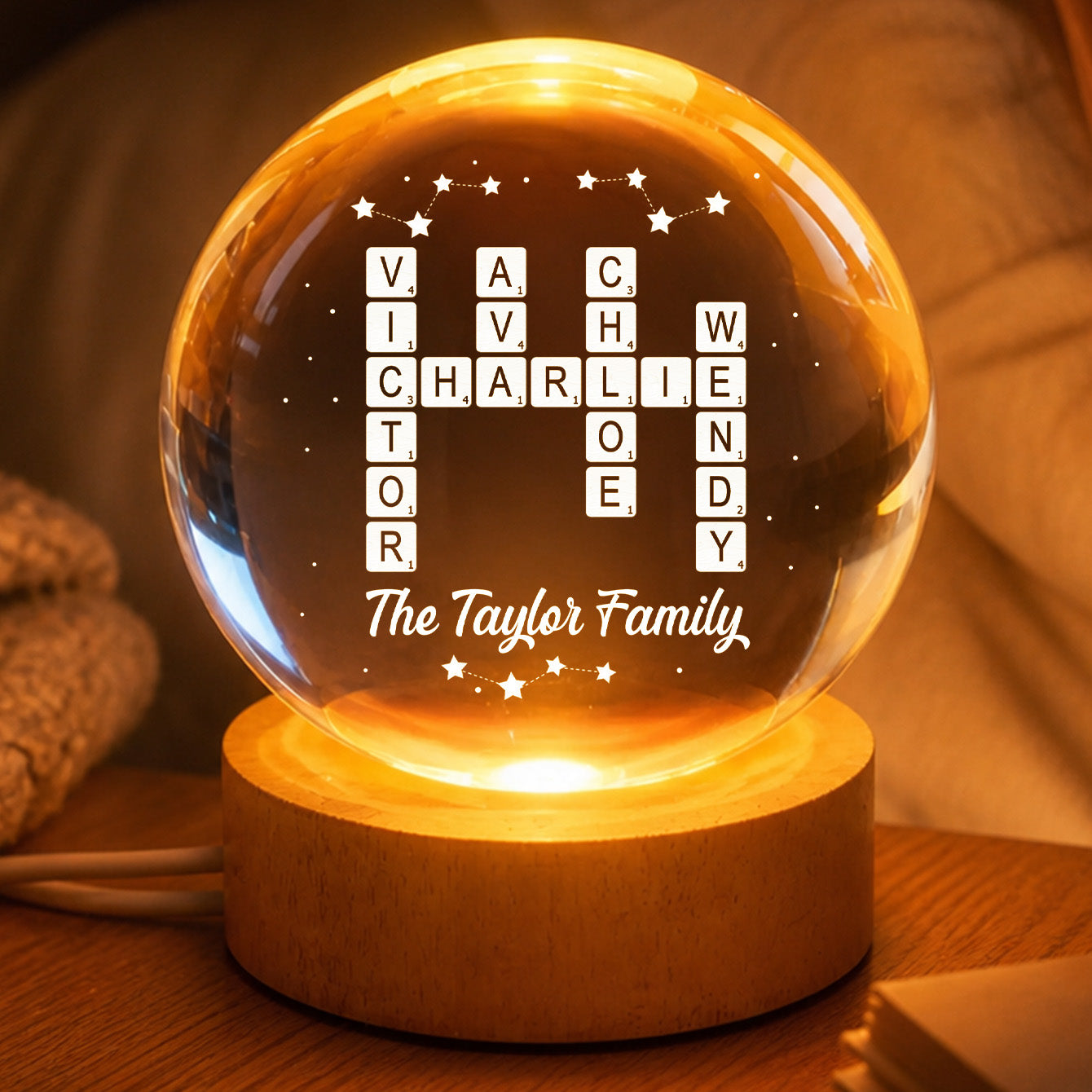 Custom Family Crossword Puzzle Crystal Ball for Family with personalized design details for meaningful gifting