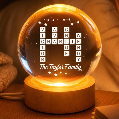 Custom Family Crossword Puzzle Crystal Ball for Family with personalized design details for meaningful gifting