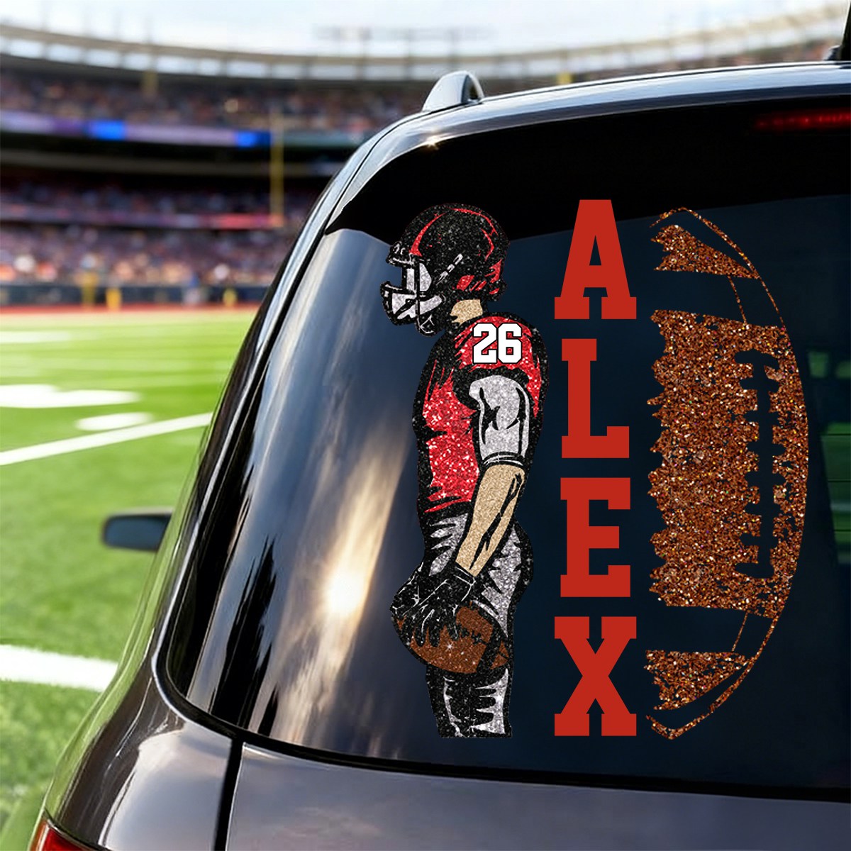 Personalized football player car decal with custom name and jersey number for sports fans