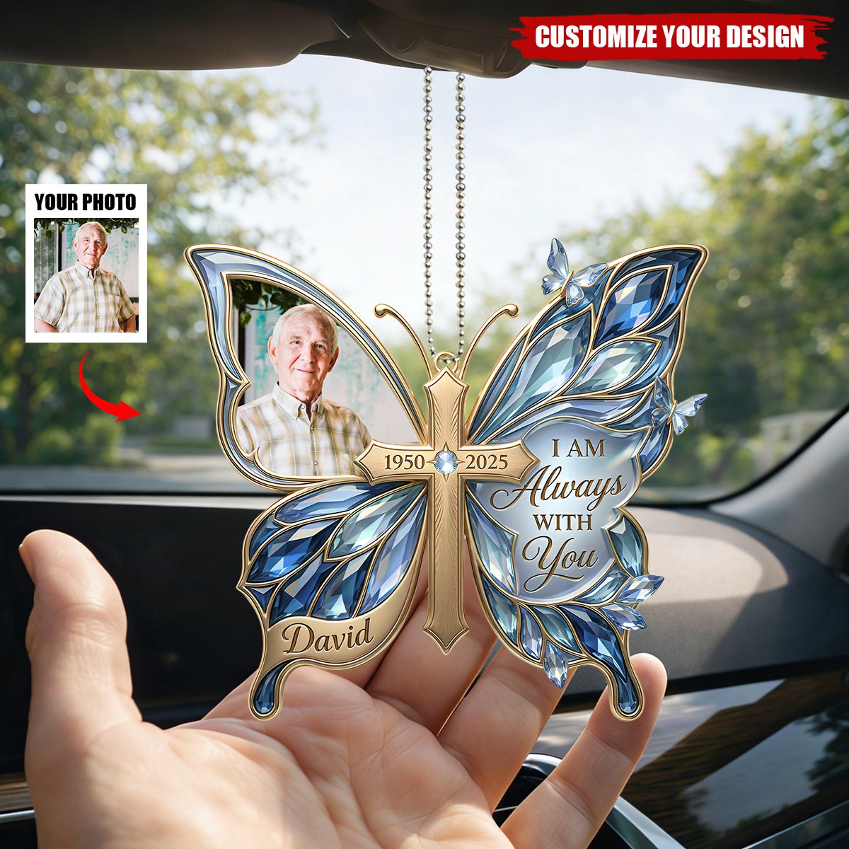 Custom Photo “Loving Memory” Butterfly Car Ornament - Personalized Memorial Gift