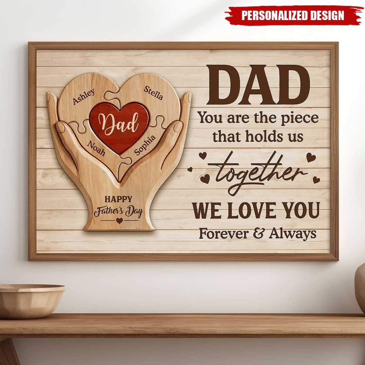 Personalized dad puzzle canvas print with custom kids names - romantic rustic family gift for father's day image 6