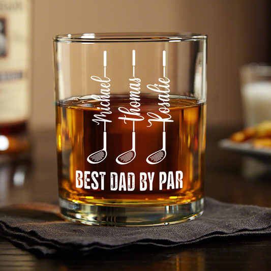 Personalized golf whiskey glass with custom kids names on golf clubs for dad or grandpa