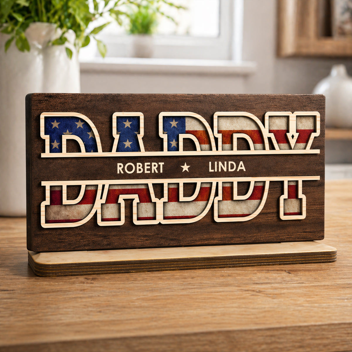 Personalized Grandpa Plaque - Custom Wooden Sign with Family Names, American Flag Design, Gift for Dad