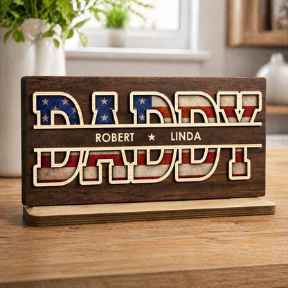 Personalized Grandpa Plaque - Custom Wooden Sign with Family Names, American Flag Design, Gift for Dad