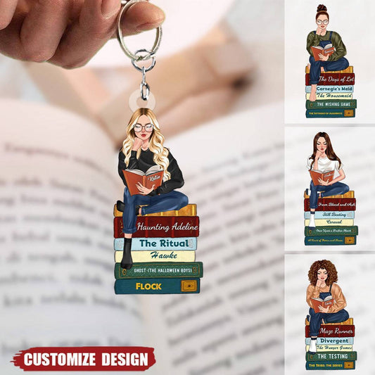 Verify - Bibliophile's Charm - 'Girl Reading Book' Personalized Acrylic Keychain with Custom Book Titles - A Reader's Delight