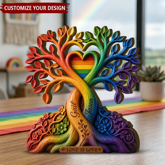 Personalized LGBT rainbow pride wooden plaque featuring custom names and a tree of love design for couples
