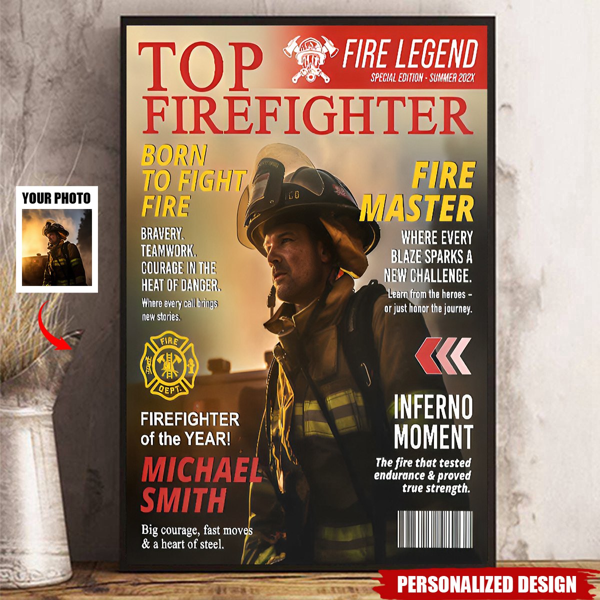 Personalized Firefighter Magazine Cover Poster / Canvas
