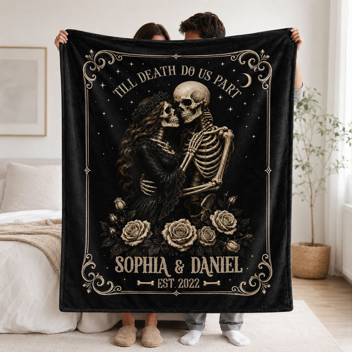 Till Death Do Us Part Skeleton Blanket - Personalized Gothic Couple Gift for Halloween & Anniversary