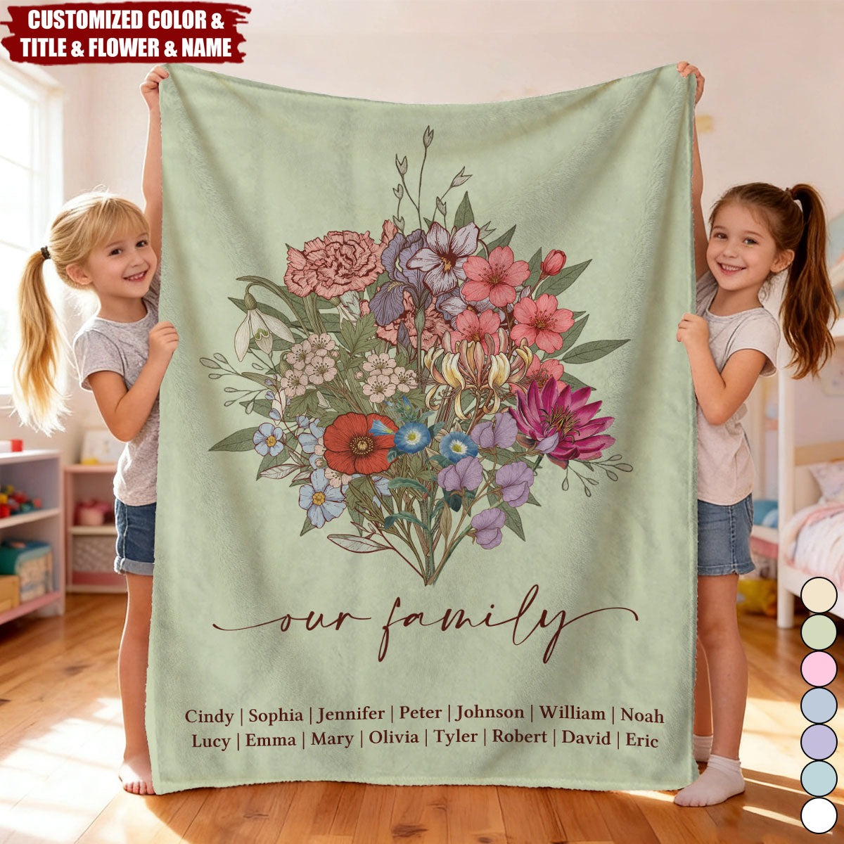 Personalized Family Boho Birth Flower Bouquet Flowers Blanket - Gift For Mom, Grandma, Family