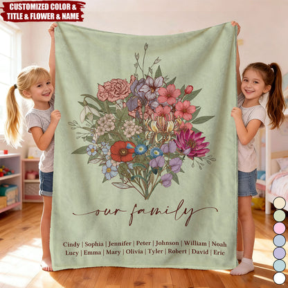 Personalized Family Boho Birth Flower Bouquet Flowers Blanket - Gift For Mom, Grandma, Family