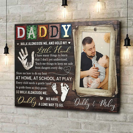 Personalized Father's Day canvas print featuring a custom photo of a dad and baby with sentimental text.