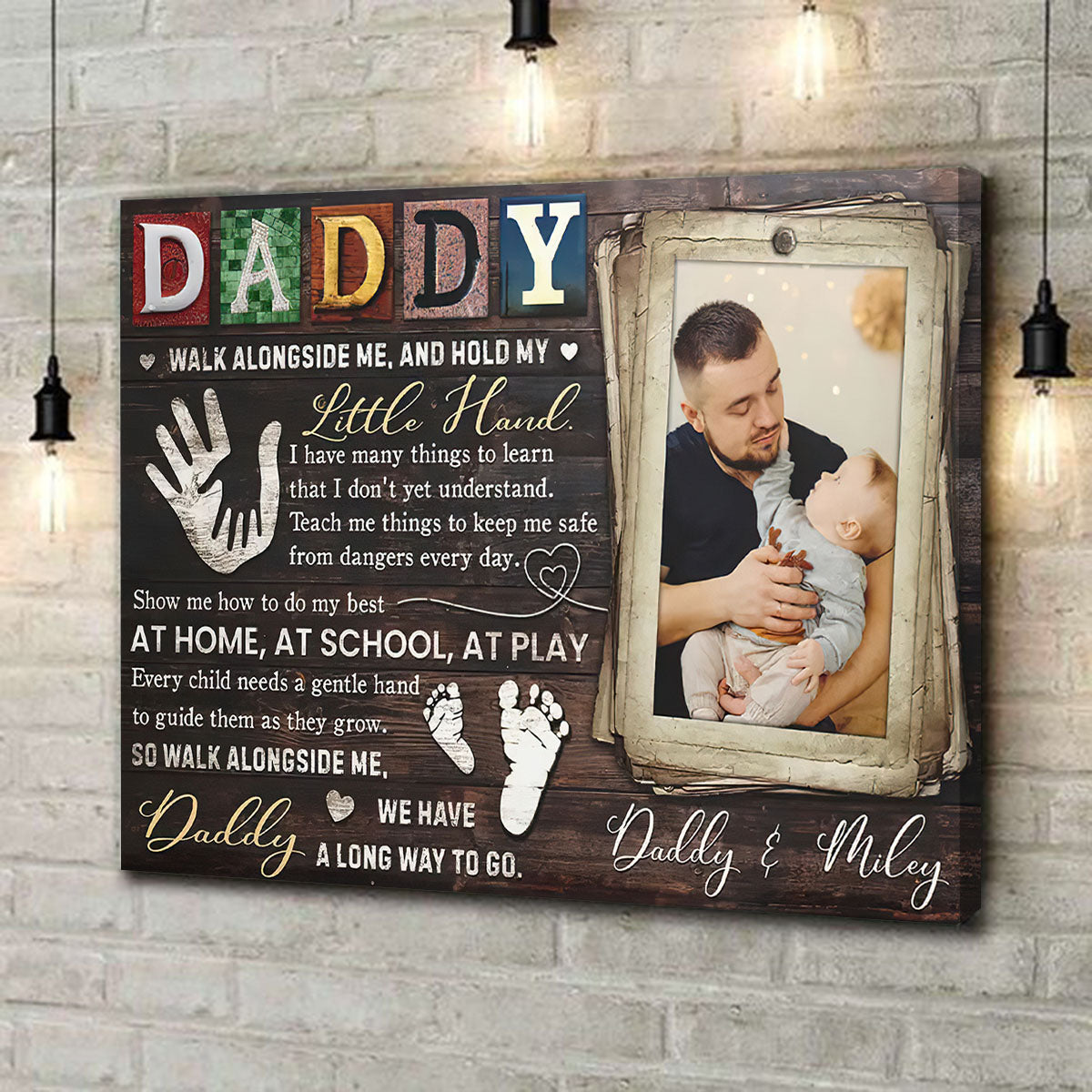 Personalized Father's Day canvas print featuring a custom photo of a dad and baby with sentimental text.
