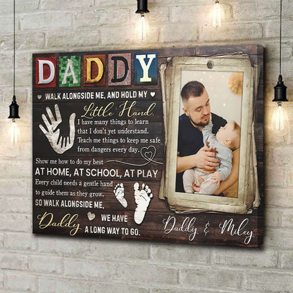 Personalized Father's Day canvas print featuring a custom photo of a dad and baby with sentimental text.