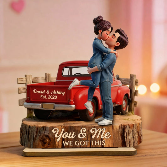 Kissing Couple in Red Pickup Truck - Personalized Wooden Plaque