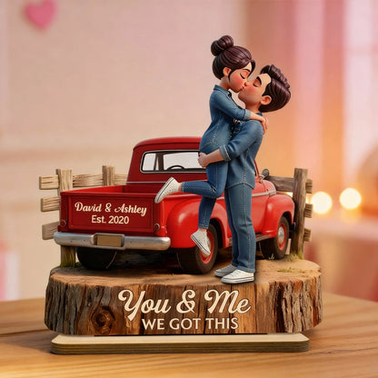 Kissing Couple in Red Pickup Truck - Personalized Wooden Plaque