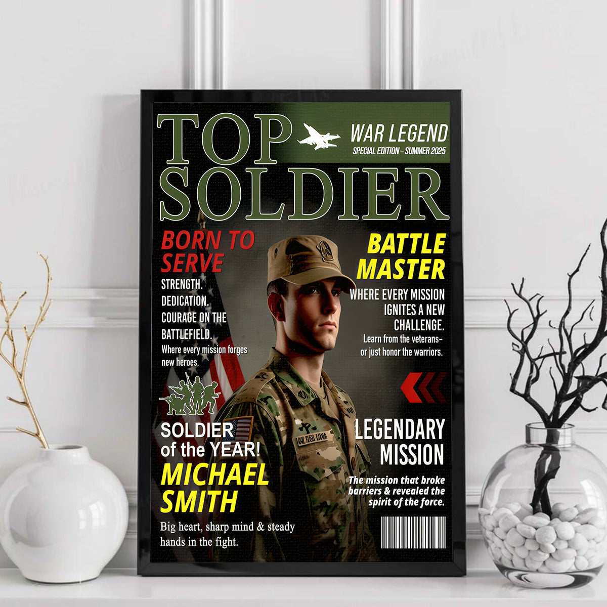 Personalized Soldier Magazine Cover Poster / Canvas - Military Retirement Gift for Army, Navy, Air Force & Marines