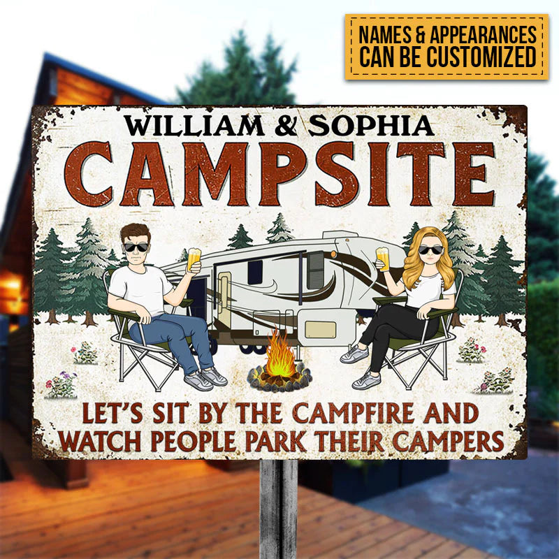 Let's Sit By The Campfire Husband Wife - Camping Signs - Camping Gift For Couple - Personalized Custom Classic Metal Signs