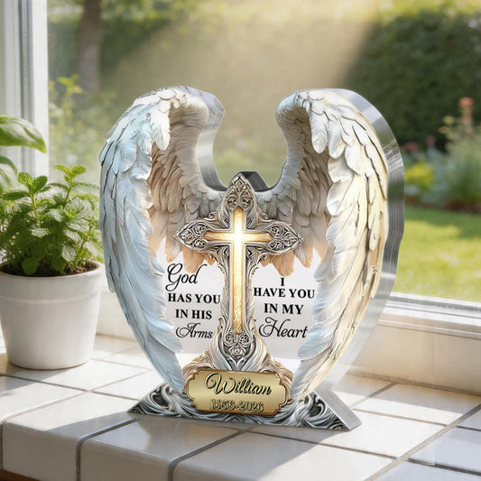 Personalized memorial plaque featuring angel wings and a glowing cross for a custom sympathy gift