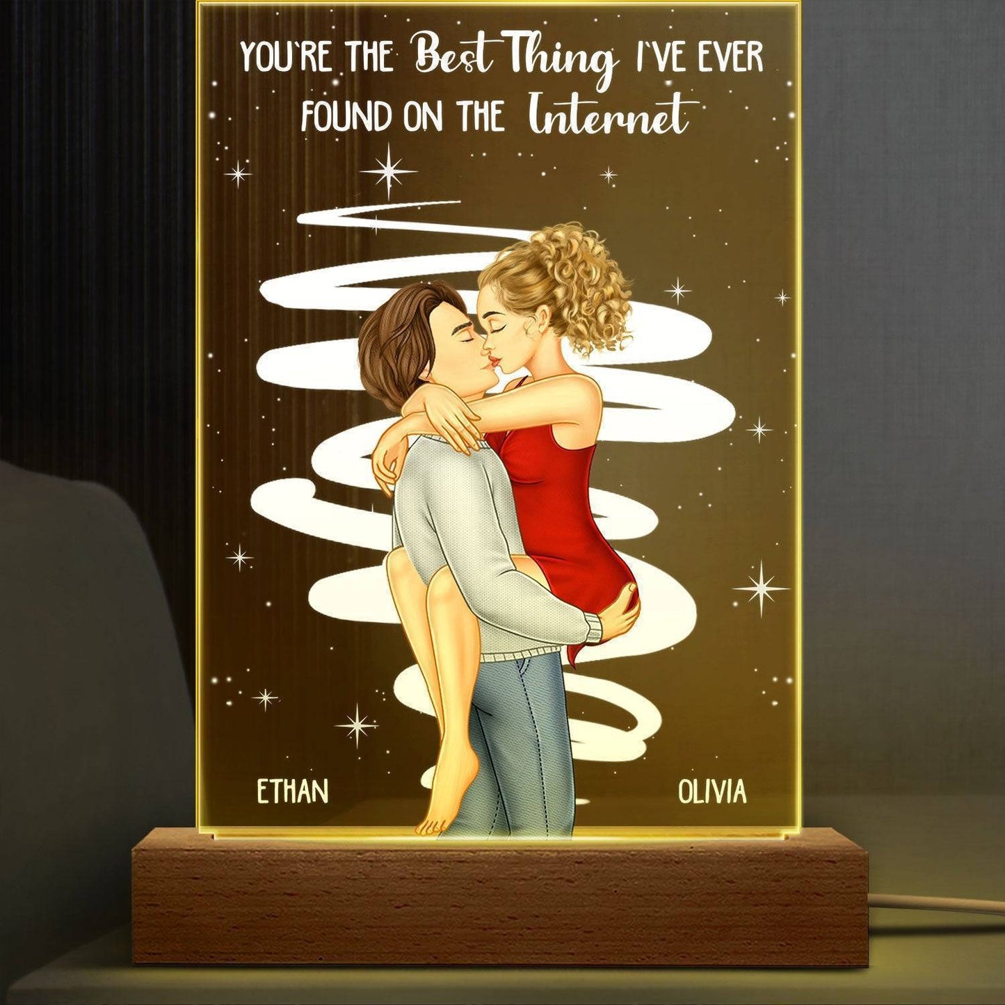 Love's Glow - Personalized Kissing Couple 3D LED Light with Wooden Base - Romantic Gift for Couples - Ideal for Valentine's & Anniversaries