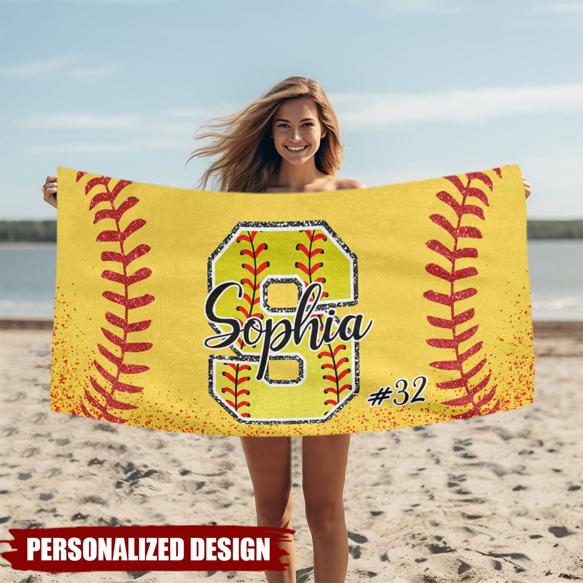 Personalized Softball Beach Towel - Custom Team Name & Number Summer Gift